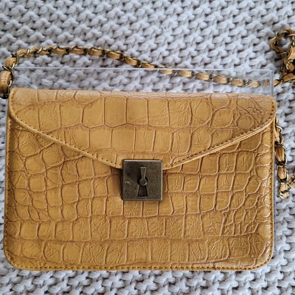 NWOT Forever 21 Mustard Croc Embossed Cross Body Bag - Picture 2 of 9